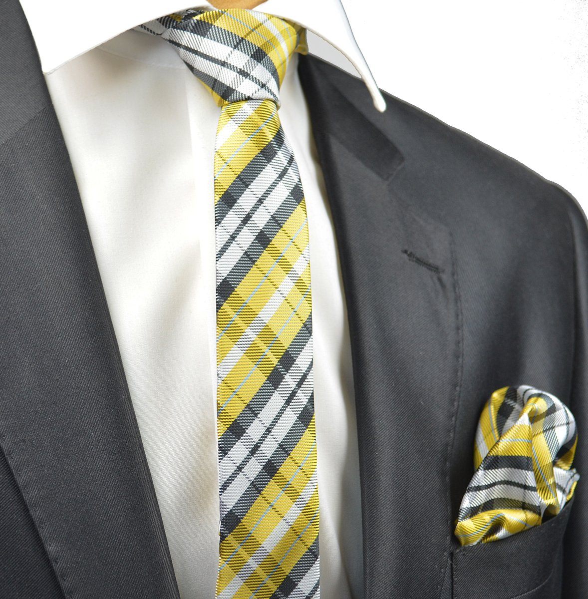 Yellow Plaid Skinny Necktie and Pocket Square Set | Paul Malone
