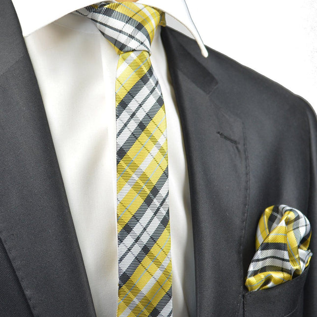 Yellow Plaid Skinny Necktie and Pocket Square Set Paul Malone Ties - Paul Malone.com