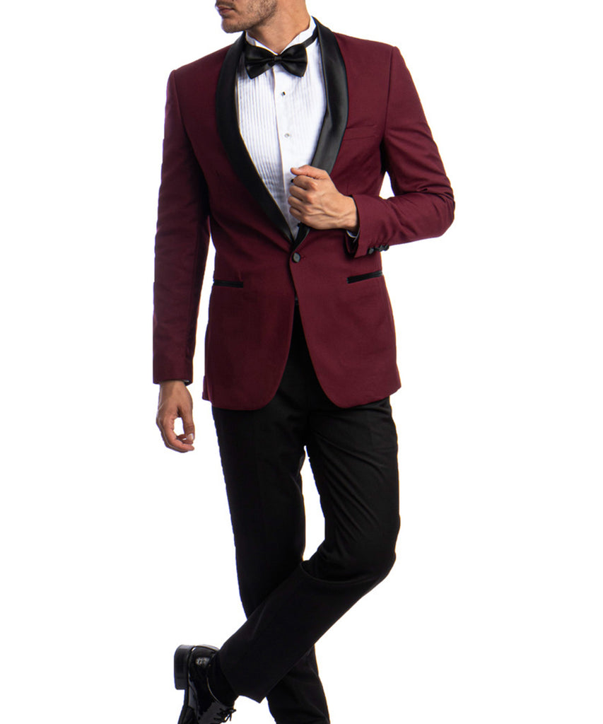 Burgundy Tuxedo with a Black Shawl Lapel and Black Pants  Burgundy tuxedo  Tuxedo colors Navy tuxedos