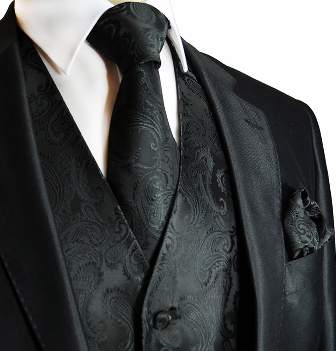 black vest with black suits black ties