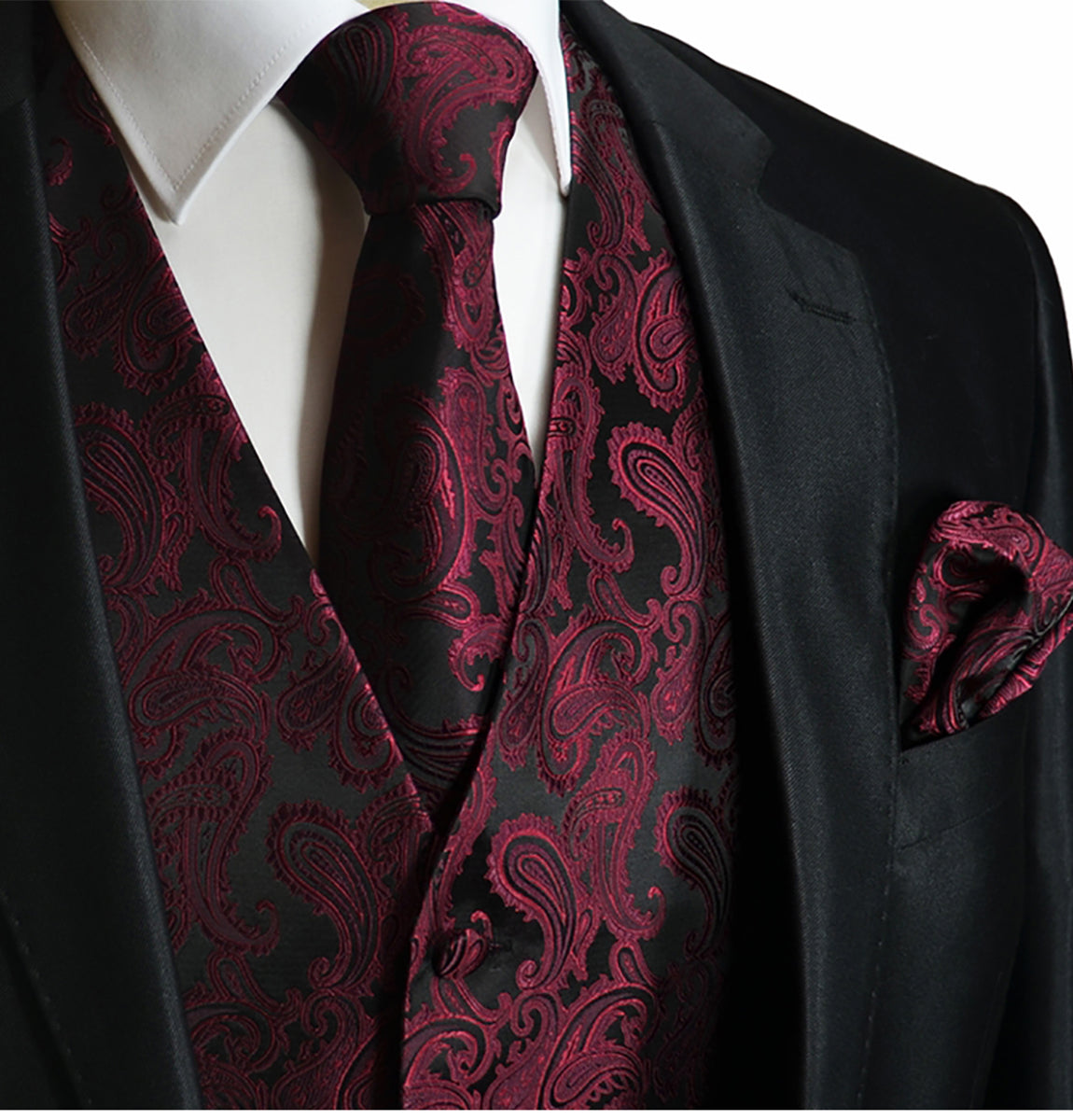 Black and Burgundy Paisley Tuxedo Vest Set | Paul Malone