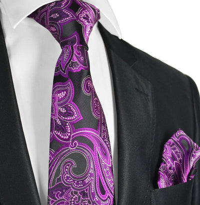 Hot Pink and Black Paisley Necktie and Pocket Square Paul Malone Ties - Paul Malone.com