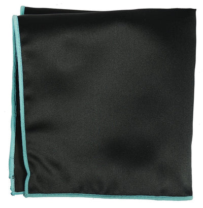 Solid Pocket Square in Black with Turquoise Border Paul Malone  - Paul Malone.com