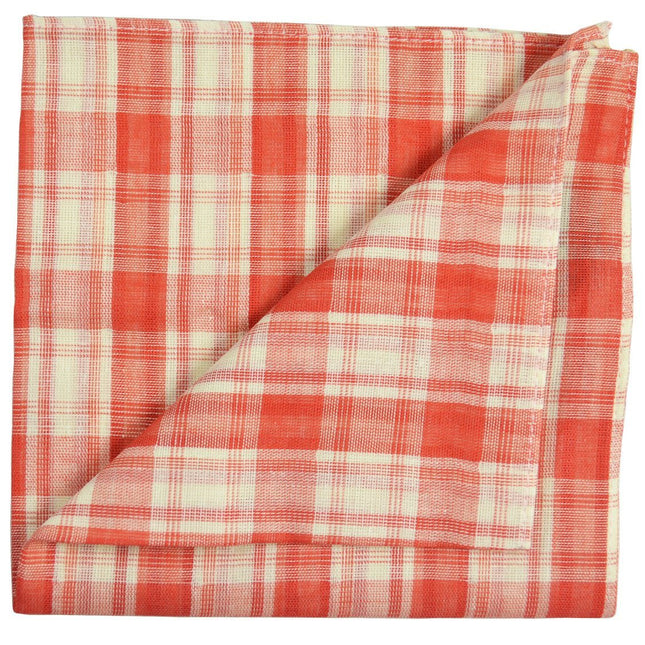 Red Plaid Cotton/Linen Blend Pocket Square Paul Malone  - Paul Malone.com
