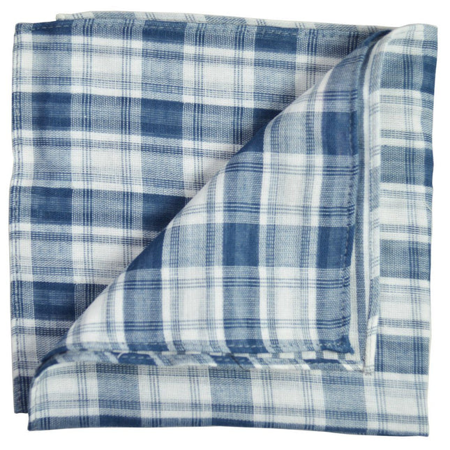 Blue Plaid Cotton/Linen Blend Pocket Square Paul Malone  - Paul Malone.com