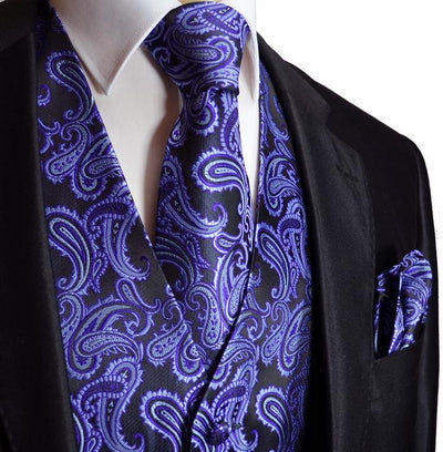 Purple and Black Paisley Tuxedo Vest Set Brand Q Vest - Paul Malone.com