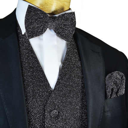 Glitter Tuxedo Vest and Bow Tie Set in Black Brand Q Vest - Paul Malone.com