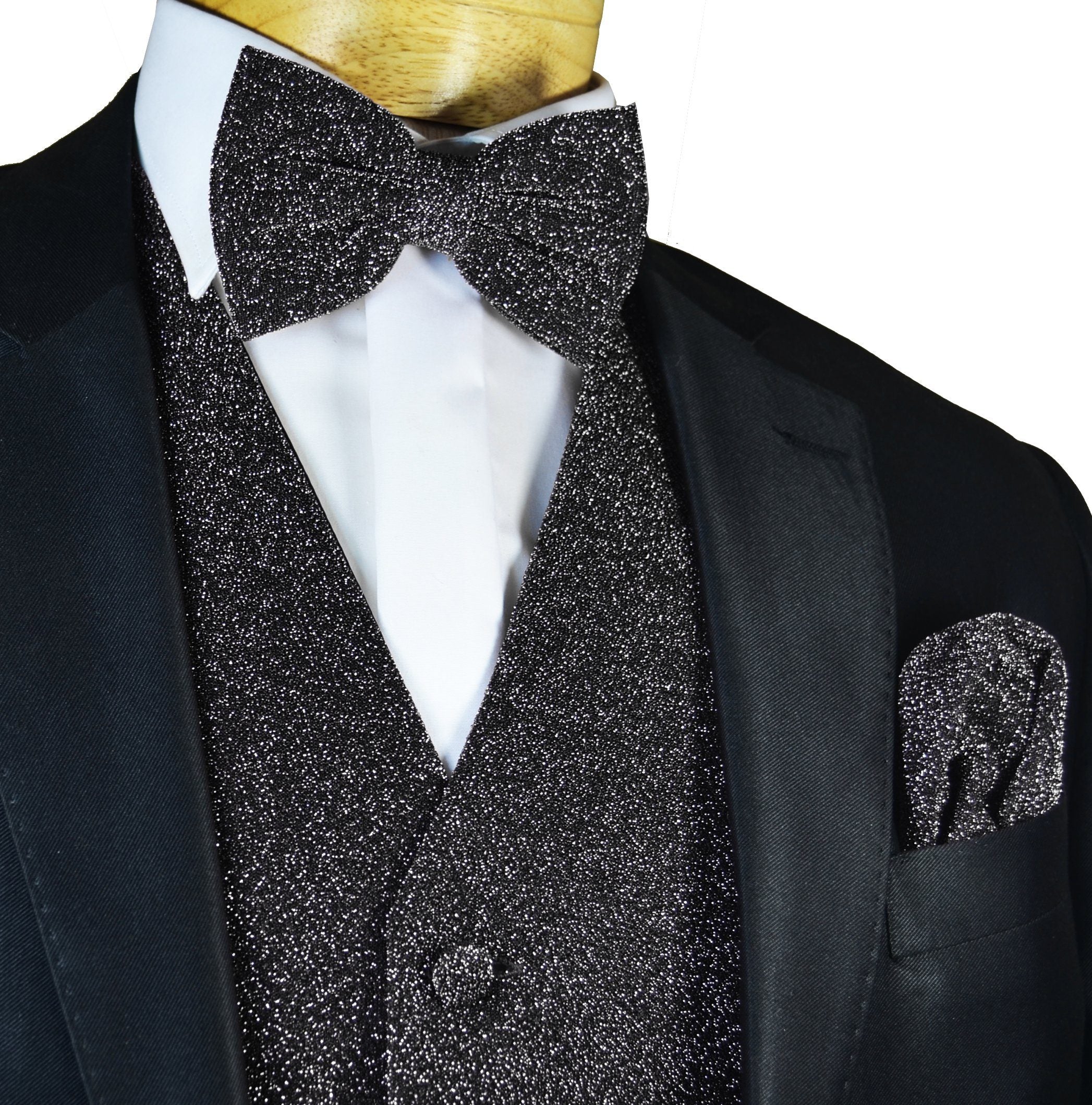 Black Geometric Luxury Poly Woven Tuxedo Vest outlets and Matching Pre Tied Bowtie