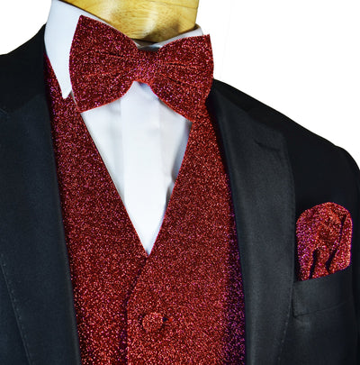 Glitter Tuxedo Vest and Bow Tie Set in Red Vest Set Vest - Paul Malone.com