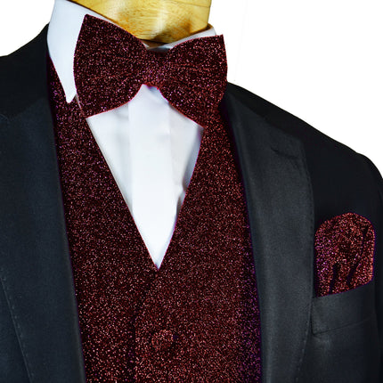 Glitter Tuxedo Vest and Bow Tie Set in Burgundy Brand Q Vest - Paul Malone.com