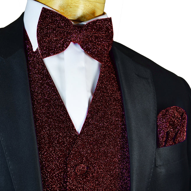 Glitter Tuxedo Vest and Bow Tie Set in Burgundy Brand Q Vest - Paul Malone.com
