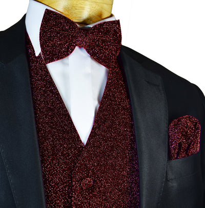 Glitter Tuxedo Vest and Bow Tie Set in Burgundy Vest Set Vest - Paul Malone.com