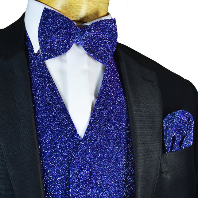 Glitter Tuxedo Vest and Bow Tie Set in Blue Brand Q Vest - Paul Malone.com