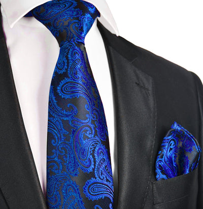 Blue and Black Paisley Necktie and Pocket Square Paul Malone Ties - Paul Malone.com