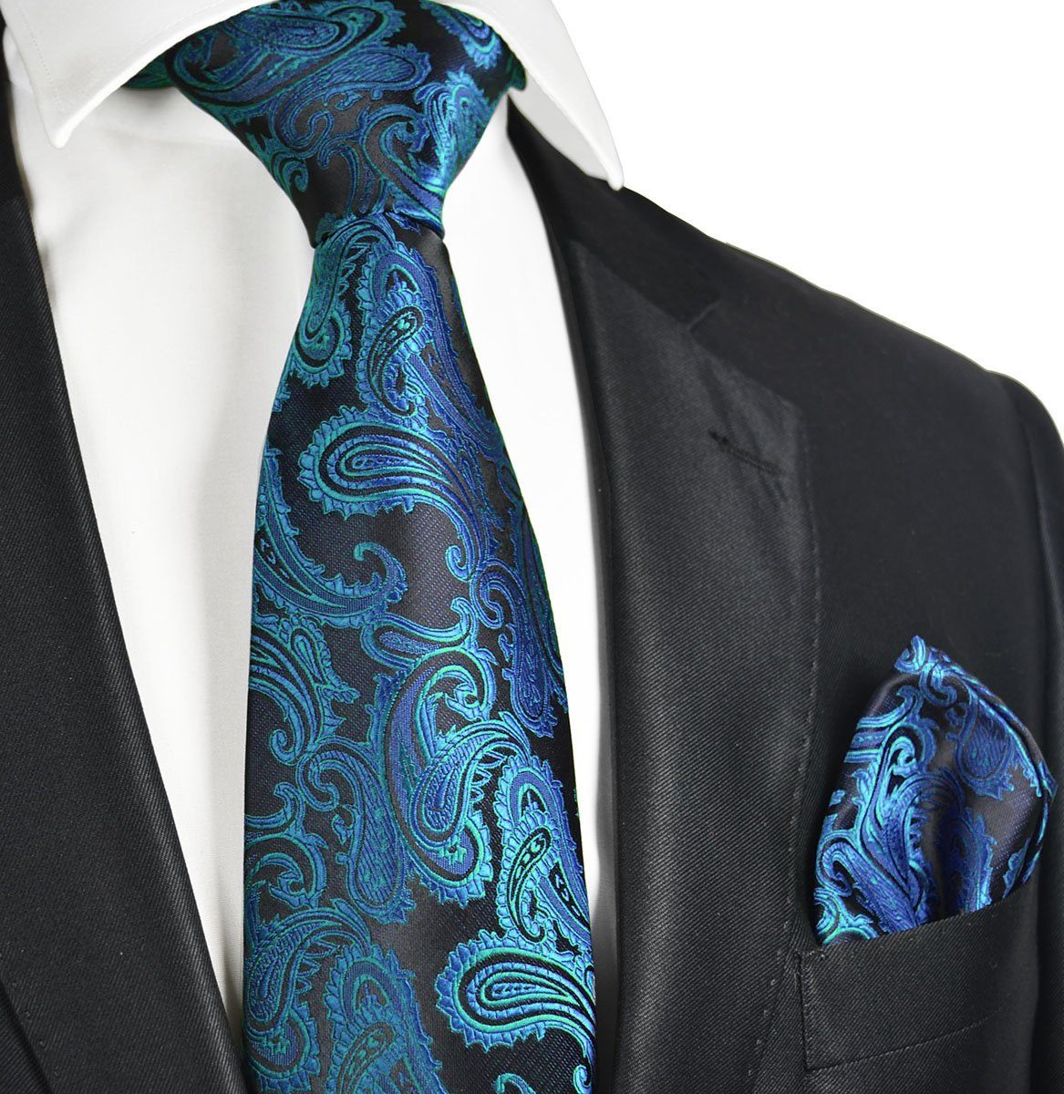 Metallic Blue Paisley Necktie and Pocket Square | Paul Malone