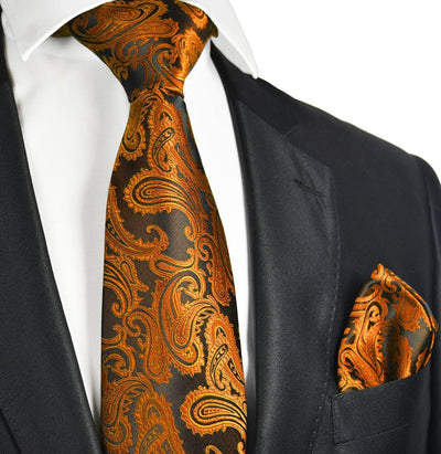 Copper and Black Paisley Necktie and Pocket Square Paul Malone Ties - Paul Malone.com