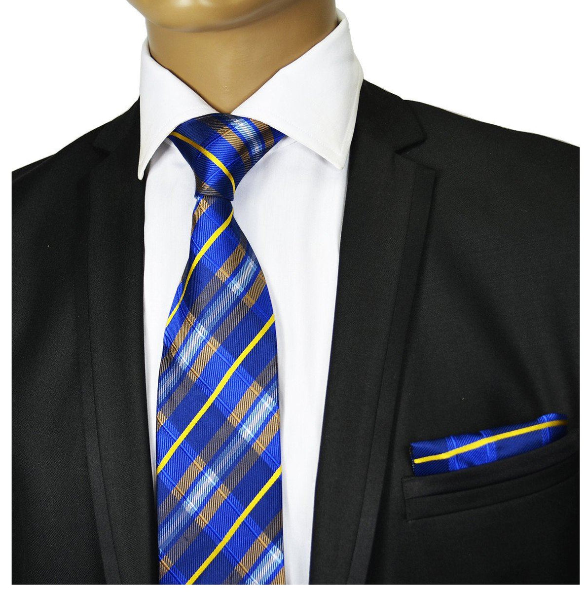 Blue and Yellow Plaid Silk Tie and Pocket Square | Paul Malone