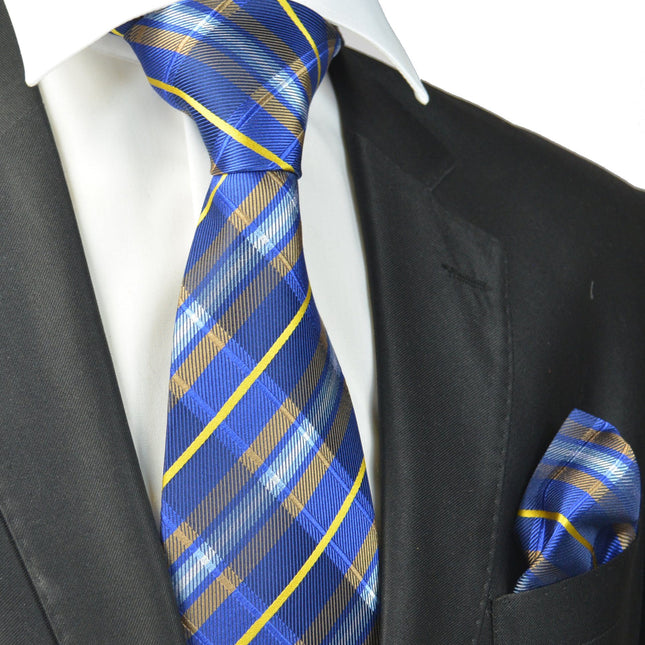 Blue and Yellow Plaid Silk Tie and Pocket Square Paul Malone Ties - Paul Malone.com