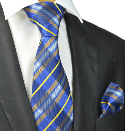 Blue and Yellow Plaid Silk Tie and Pocket Square Paul Malone Ties - Paul Malone.com
