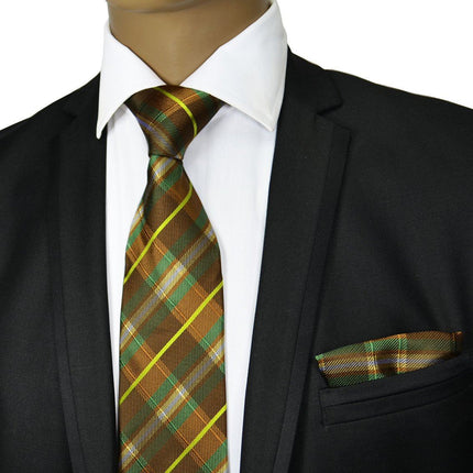 Green and Brown Plaid Silk Tie and Pocket Square Paul Malone Ties - Paul Malone.com