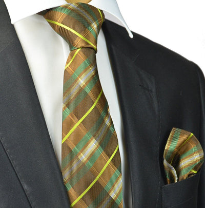 Green and Brown Plaid Silk Tie and Pocket Square Paul Malone Ties - Paul Malone.com