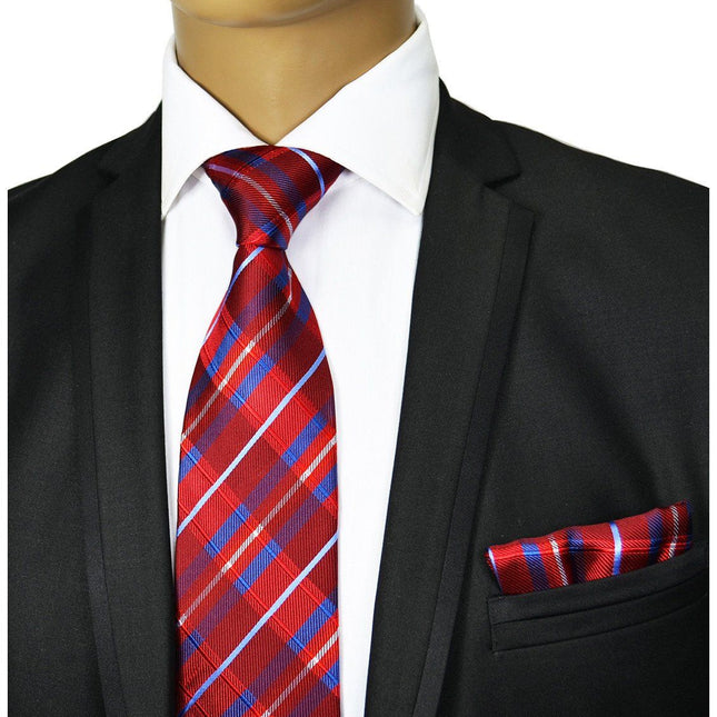 Red and Blue Plaid Silk Tie and Pocket Square Paul Malone Ties - Paul Malone.com