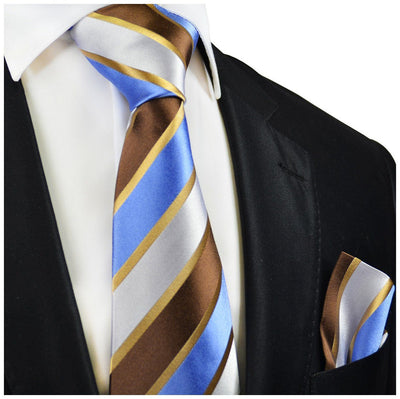Brown and Blue Striped Silk Tie and Pocket Square Paul Malone Ties - Paul Malone.com