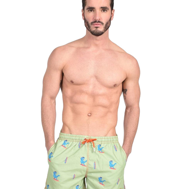 Green Surfing T-Rex Swim Trunks by EightX Eight X Trunks - Paul Malone.com