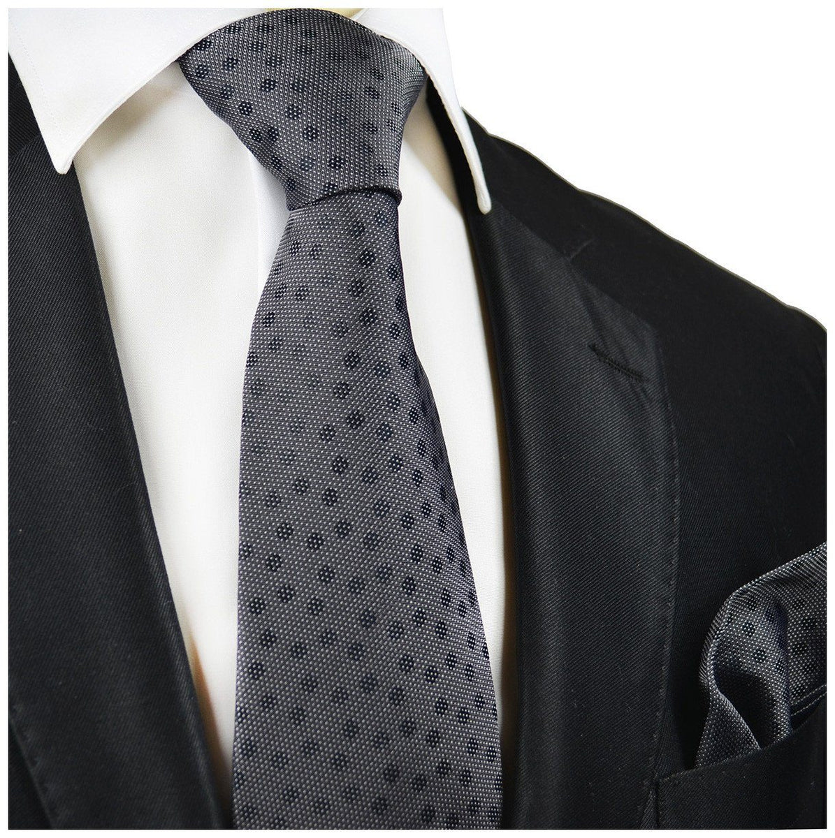 Charcoal Polka Dot Silk Tie and Pocket Square | Paul Malone