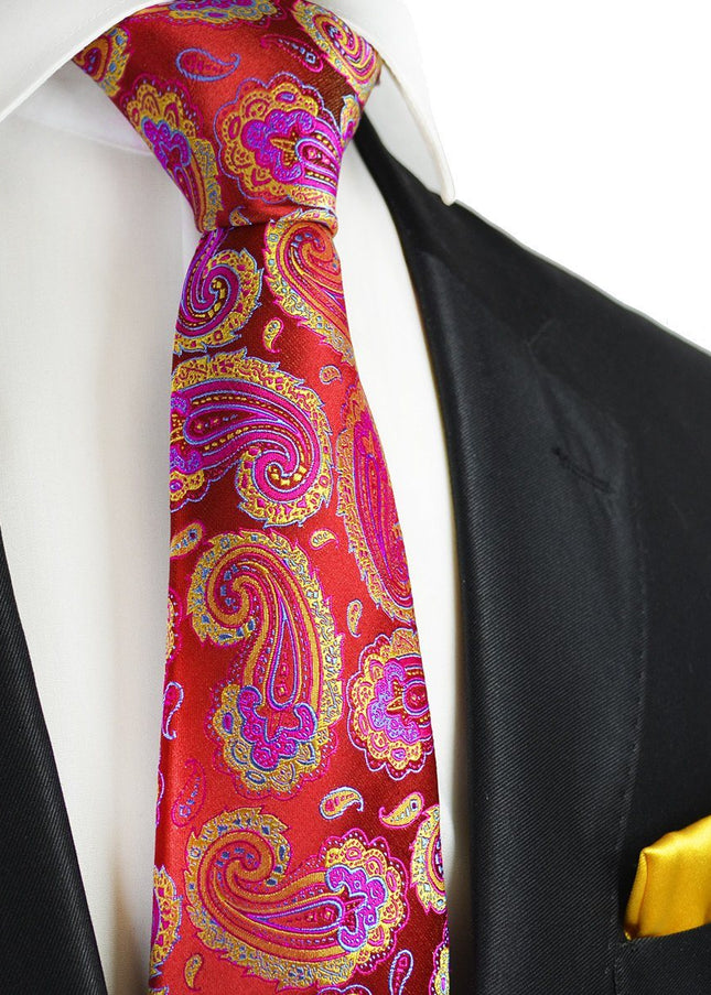 Red, Pink and Yellow Paisley 7-fold Silk Tie Set Paul Malone Ties - Paul Malone.com