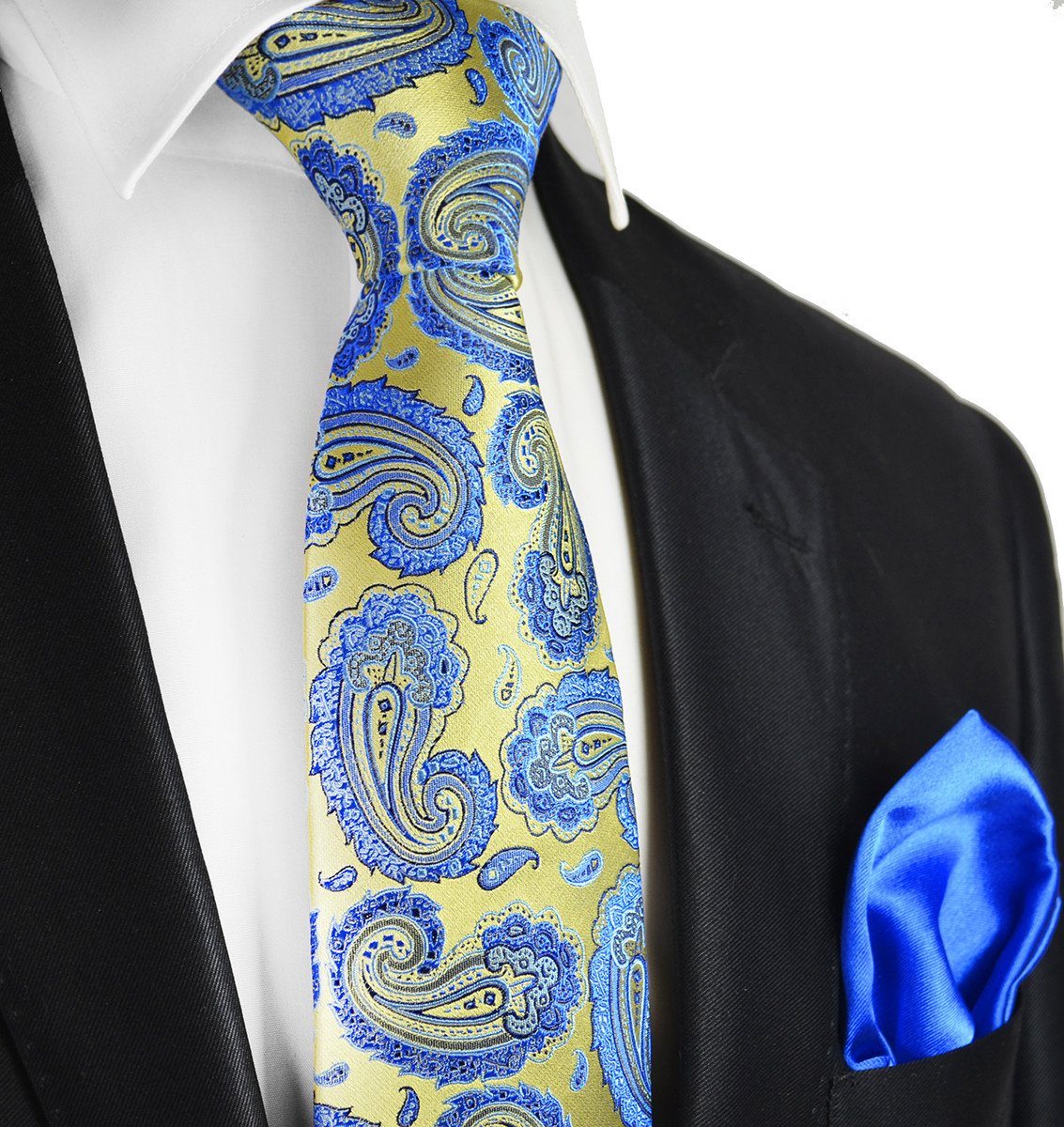 Gold and Blue Paisley 7-fold Silk Tie Set | Paul Malone