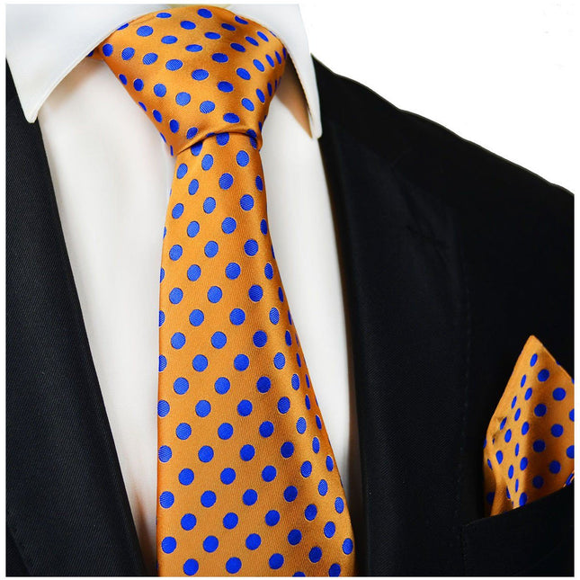 Orange and Blue Polka Dot Silk Tie and Pocket Square Paul Malone Ties - Paul Malone.com