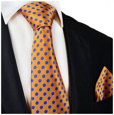 Orange and Blue Polka Dot Silk Tie and Pocket Square Paul Malone Ties - Paul Malone.com