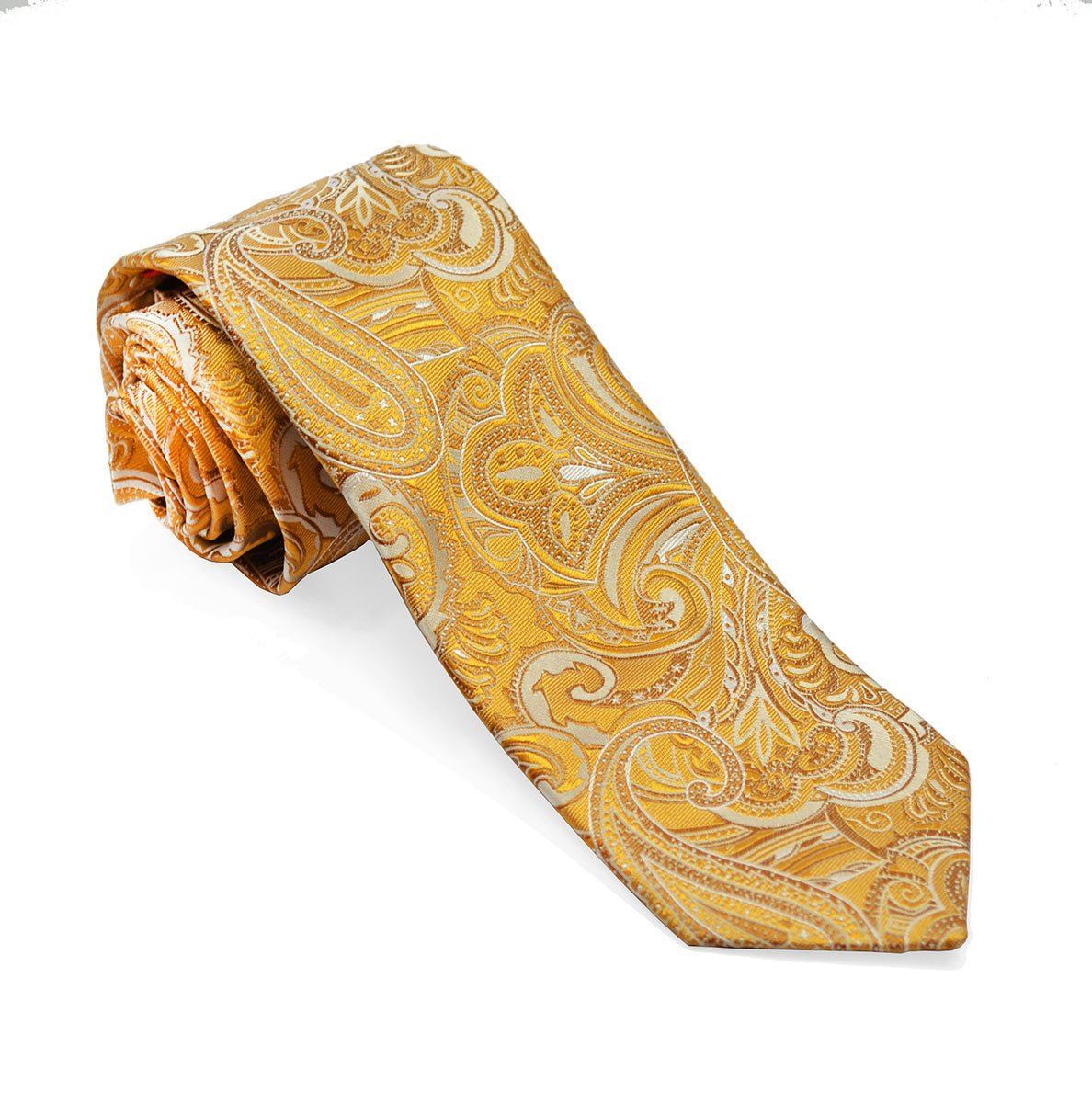 JEMYGINS 2.4 Gold Skinny Tie and Pocket Square with Tie Clip Silk