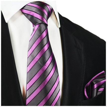 Gray and Lilac Striped Silk Tie and Pocket Square Paul Malone Ties - Paul Malone.com