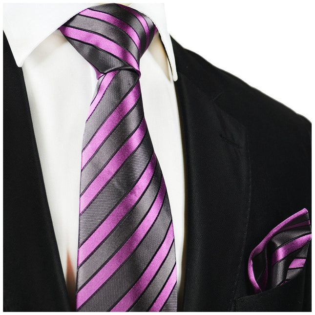 Gray and Lilac Striped Silk Tie and Pocket Square Paul Malone Ties - Paul Malone.com