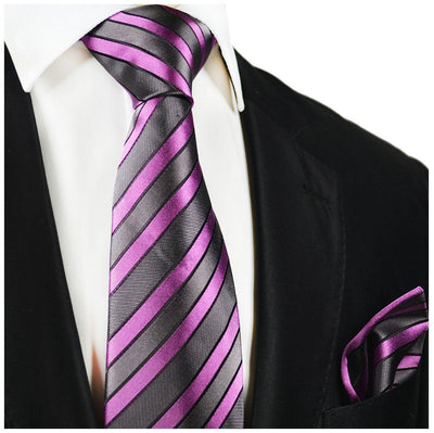 Gray and Lilac Striped Silk Tie and Pocket Square Paul Malone Ties - Paul Malone.com