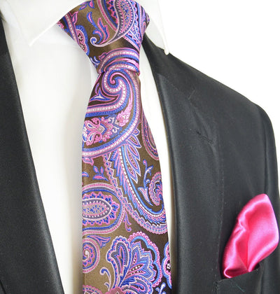 Brown and Hot Pink 7-fold Silk Tie and Pocket Square Paul Malone Ties - Paul Malone.com