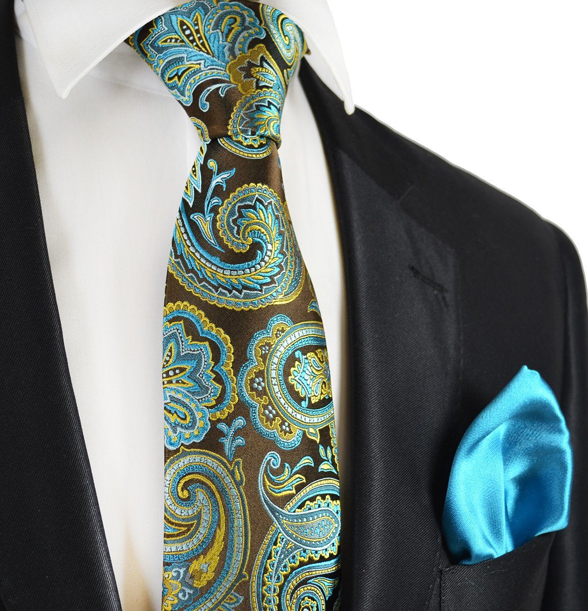 Brown and Turquoise Paisley 7-fold Silk Tie Set | Paul Malone