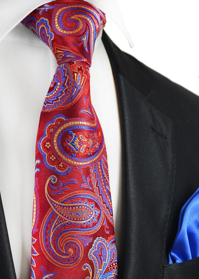 Red Paisley 7-fold Silk Tie and Pocket Square Paul Malone Ties - Paul Malone.com