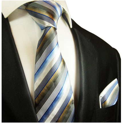 Blue and Tan Striped Silk Tie and Pocket Square Paul Malone Ties - Paul Malone.com