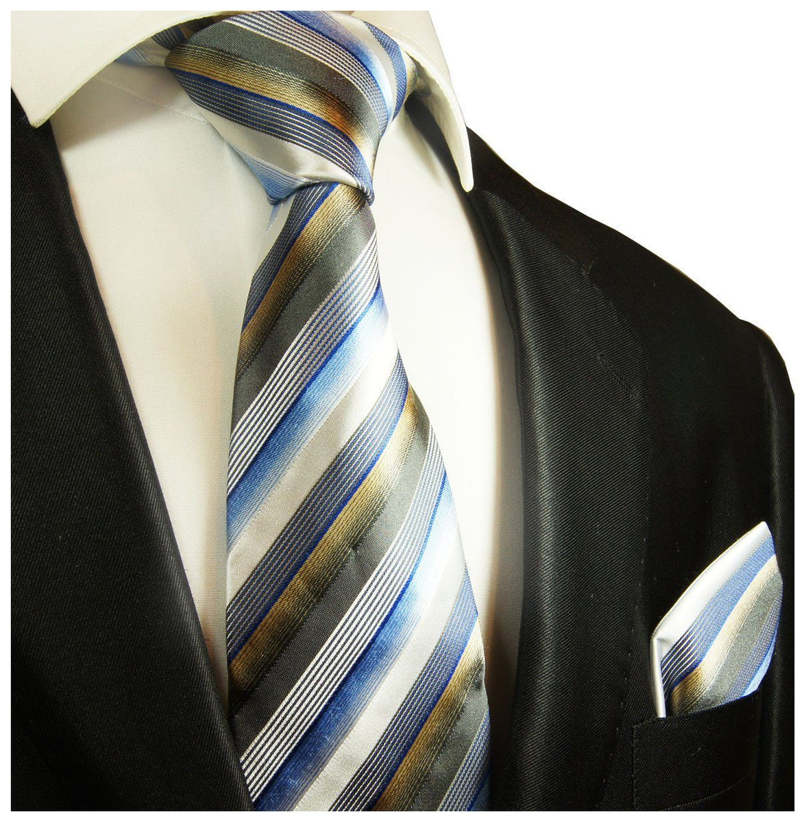 Blue and Tan Striped Silk Tie and Pocket Square | Paul Malone
