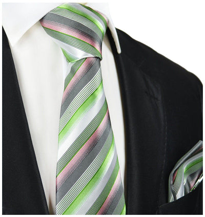 Green and Pink Striped Silk Tie and Pocket Square Paul Malone Ties - Paul Malone.com