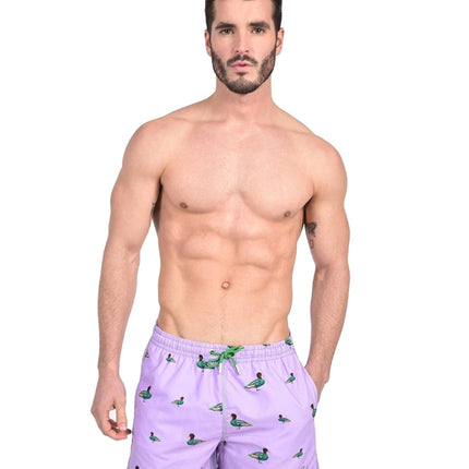 Lilac Duck Print Swim Trunks by EightX Eight X Trunks - Paul Malone.com