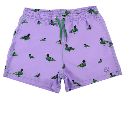Lilac Duck Print Swim Trunks by EightX Eight X Trunks - Paul Malone.com