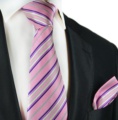 Pink and Purple Striped Silk Tie and Pocket Square Paul Malone Ties - Paul Malone.com