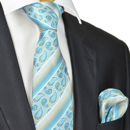 Turquoise and Champagne Paisley Silk Tie and Pocket Square Paul Malone Ties - Paul Malone.com