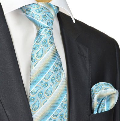 Turquoise and Champagne Paisley Silk Tie and Pocket Square Paul Malone Ties - Paul Malone.com