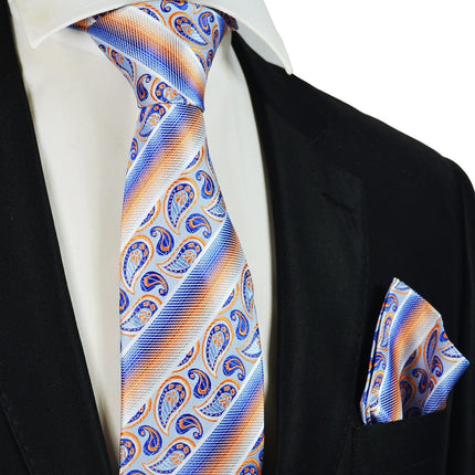 Blue and Orange Striped Silk Tie and Pocket Square Paul Malone Ties - Paul Malone.com