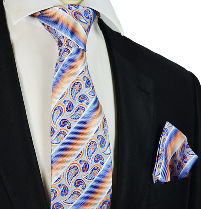 Blue and Orange Striped Silk Tie and Pocket Square Paul Malone Ties - Paul Malone.com